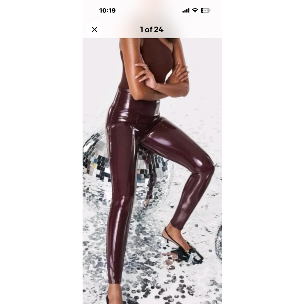 Spanx Faux Patent Leather Leggings Sangria Burgundy High Rise Skinny Large NEW